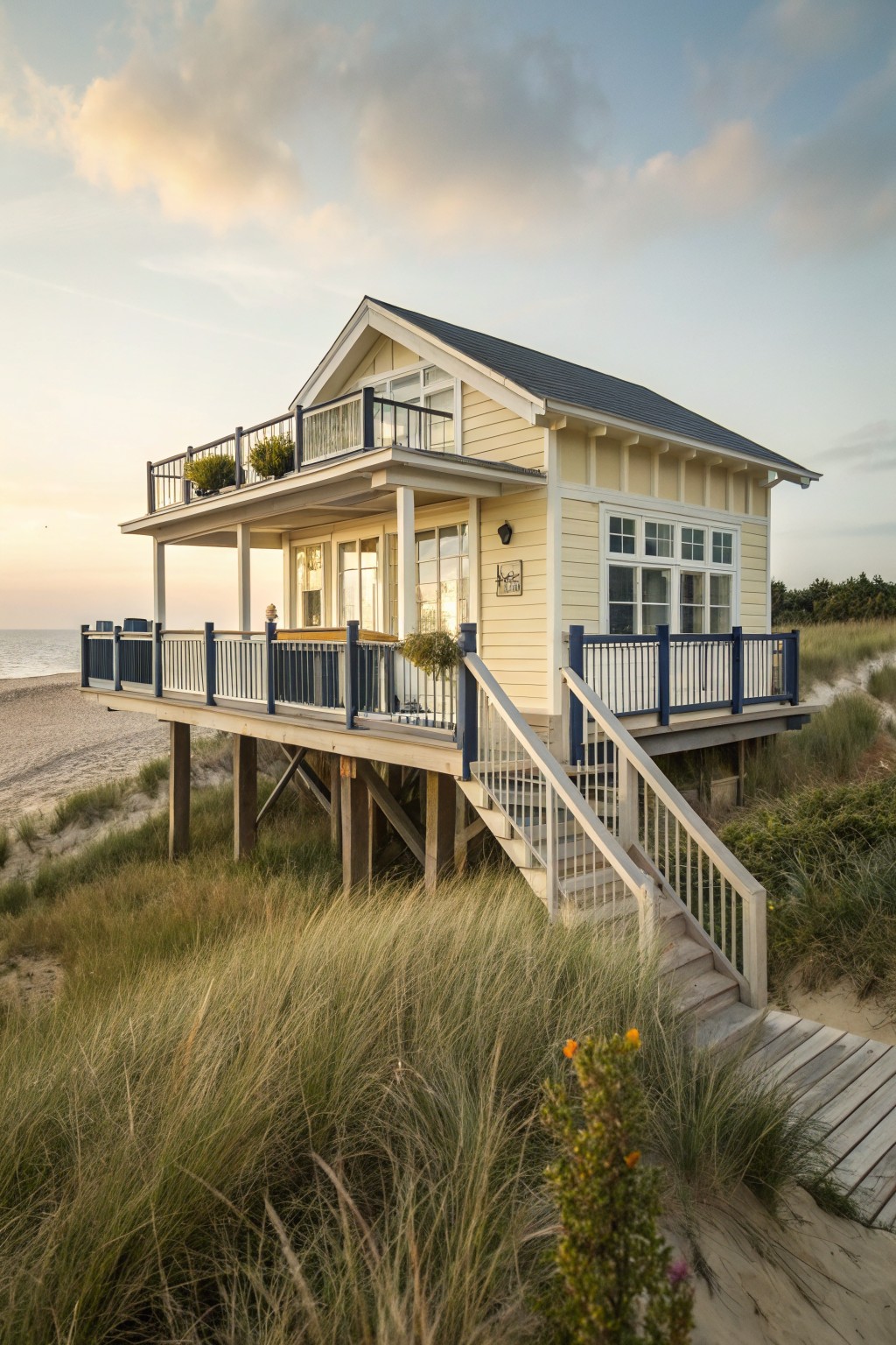 Pale yellow wooden beach house elevated on pilings above sand dunes, with navy blue deck railings, wraparound porch, stairs, and large windows overlooking the ocean at sunset.