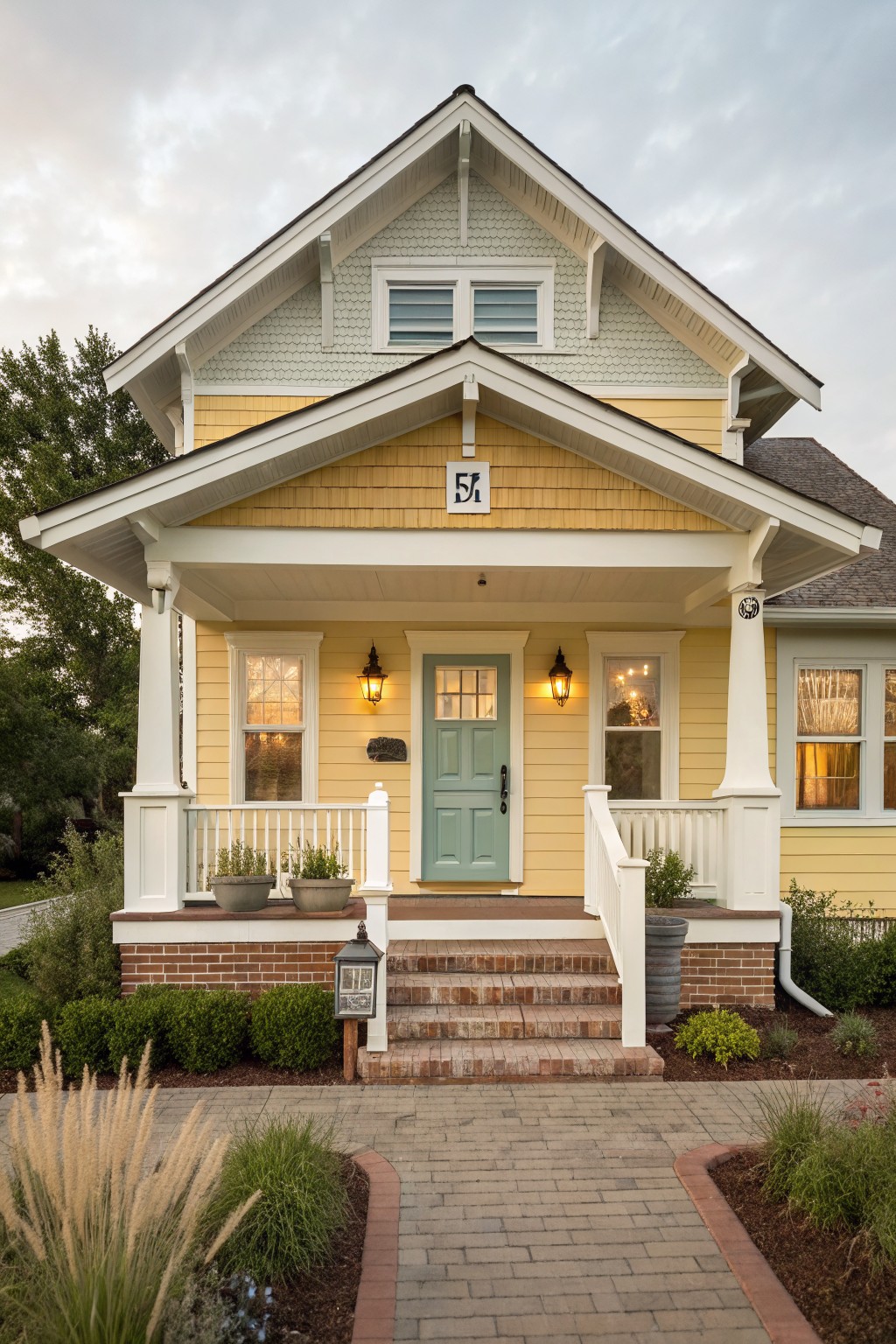A Craftsman-style house with pale yellow siding, white trim, shakes on gables, teal front door, covered porch, brick foundation steps, lanterns, potted plants, and front landscaping with paver path and ornamental grasses.