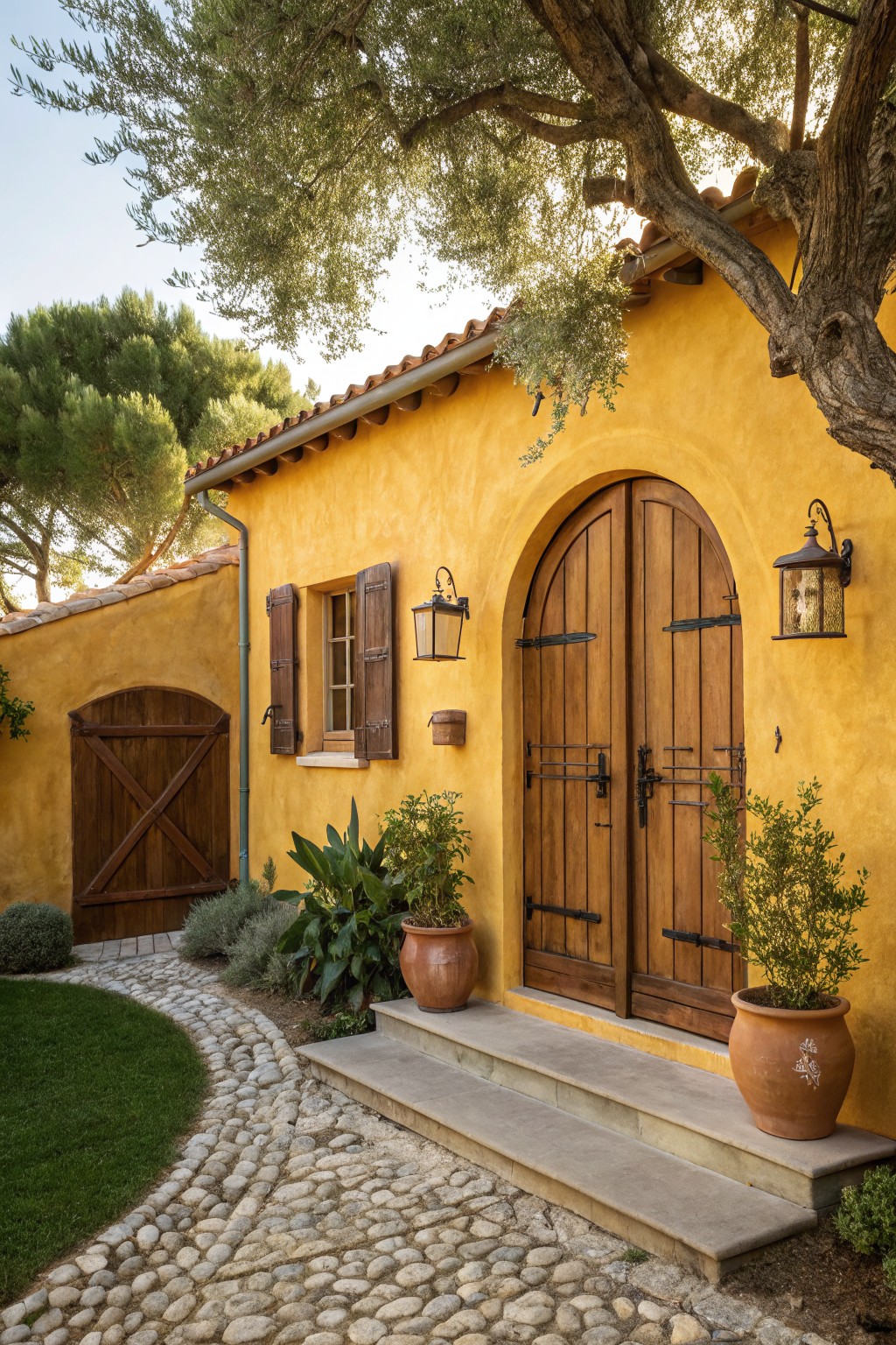 Yellow stucco house exterior featuring arched double wooden doors with iron hardware, flanked by lanterns and potted plants, a stone pathway leading to steps, and surrounding olive trees and greenery.