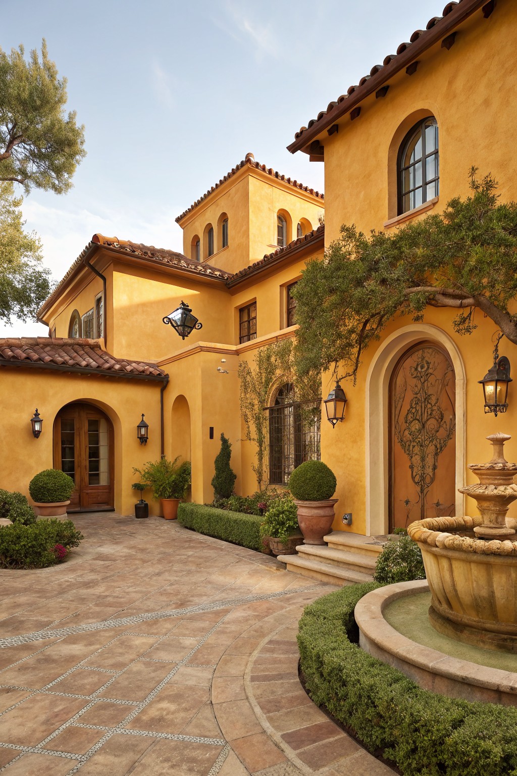 Two-story yellow stucco house with terracotta tile roof, arched wooden front door with carved designs, wall lanterns, potted plants, boxwoods, and a stone fountain in the paved courtyard.