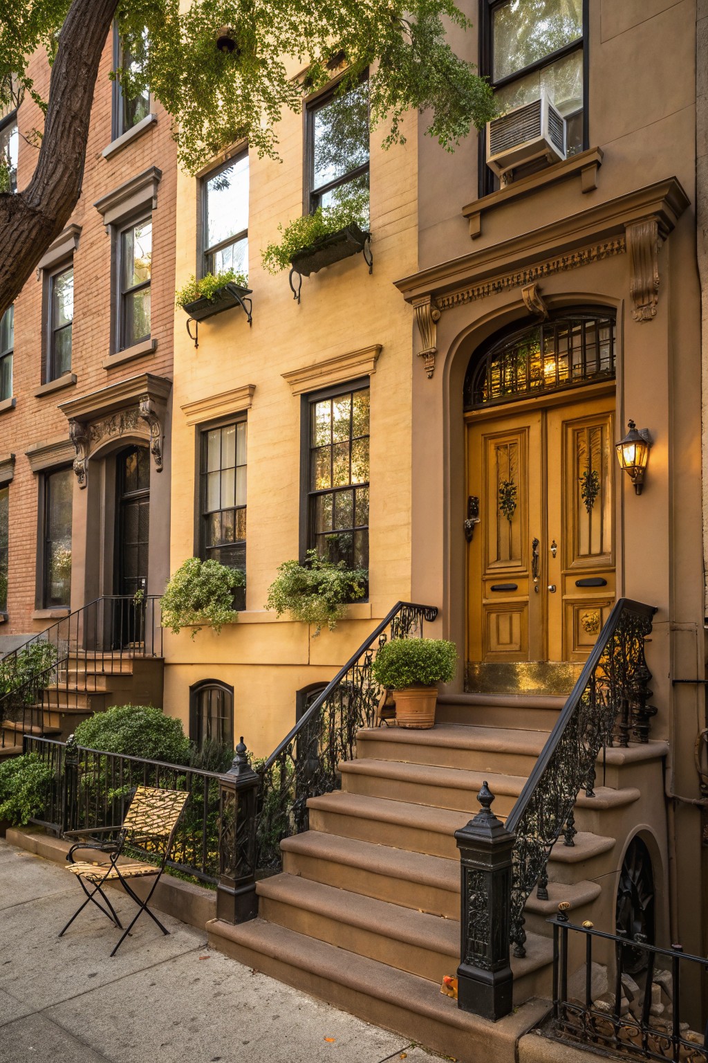 Close view of three attached three-story brownstone buildings in brick, yellow, and beige tones, featuring the central yellow house's ornate double wooden front doors, stained glass transom, wrought iron railings on brownstone steps, potted plants, and a folding chair on the sidewalk.