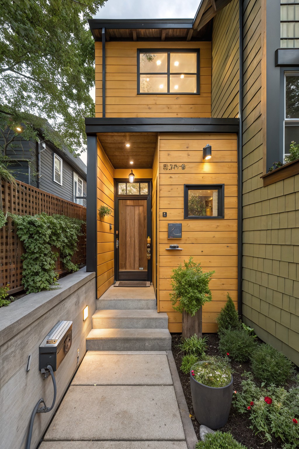 A two-story modern house exterior with yellow cedar siding, black trim and roof overhang, wood front door, lit entryway, concrete steps, and low landscaping along a walkway.