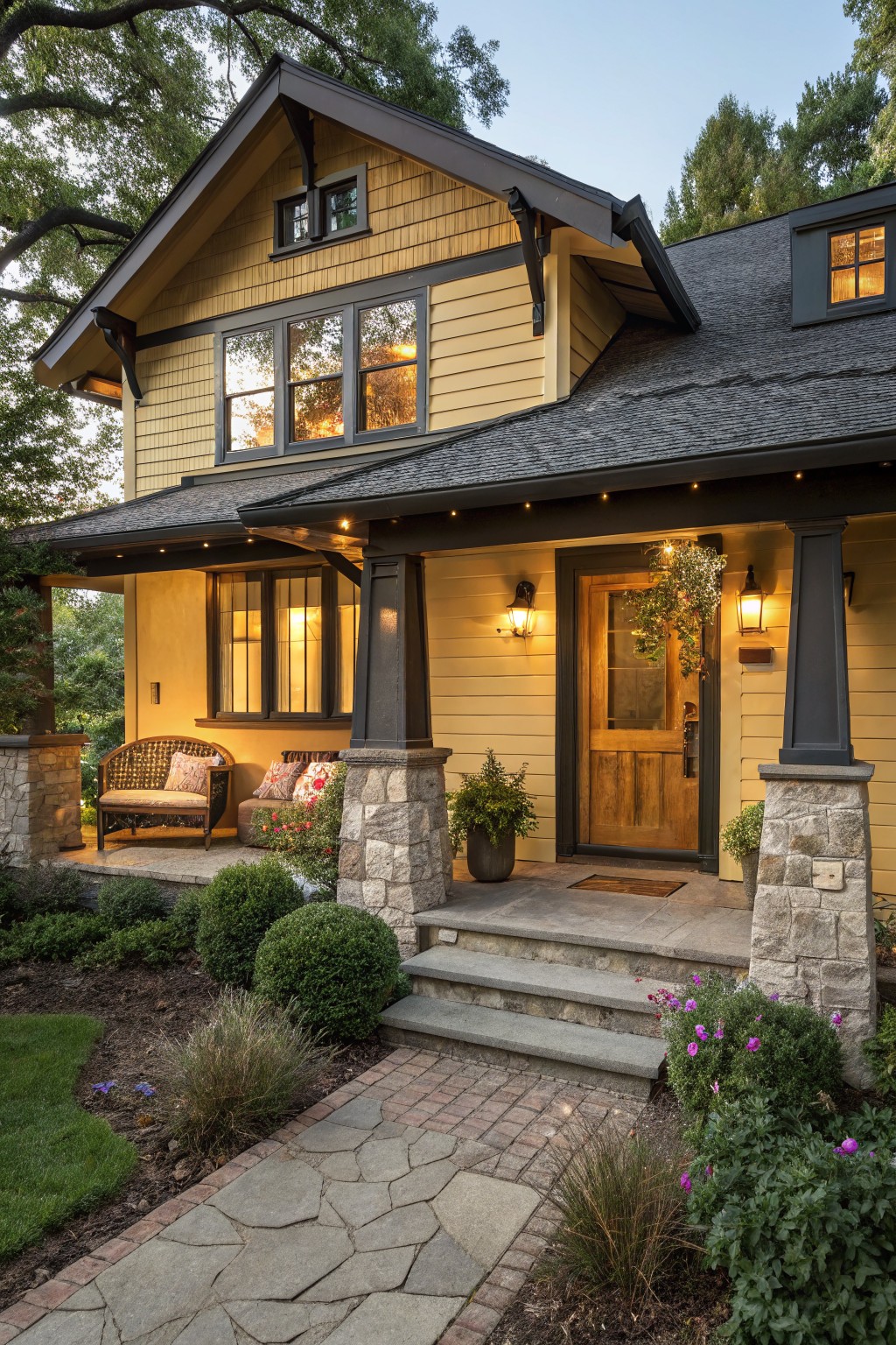 Two-story Craftsman-style house with yellow horizontal siding, black trim and roof, covered front porch with stone pillars and wooden door, wicker furniture, potted plants, and brick path leading to entry amid landscaping.