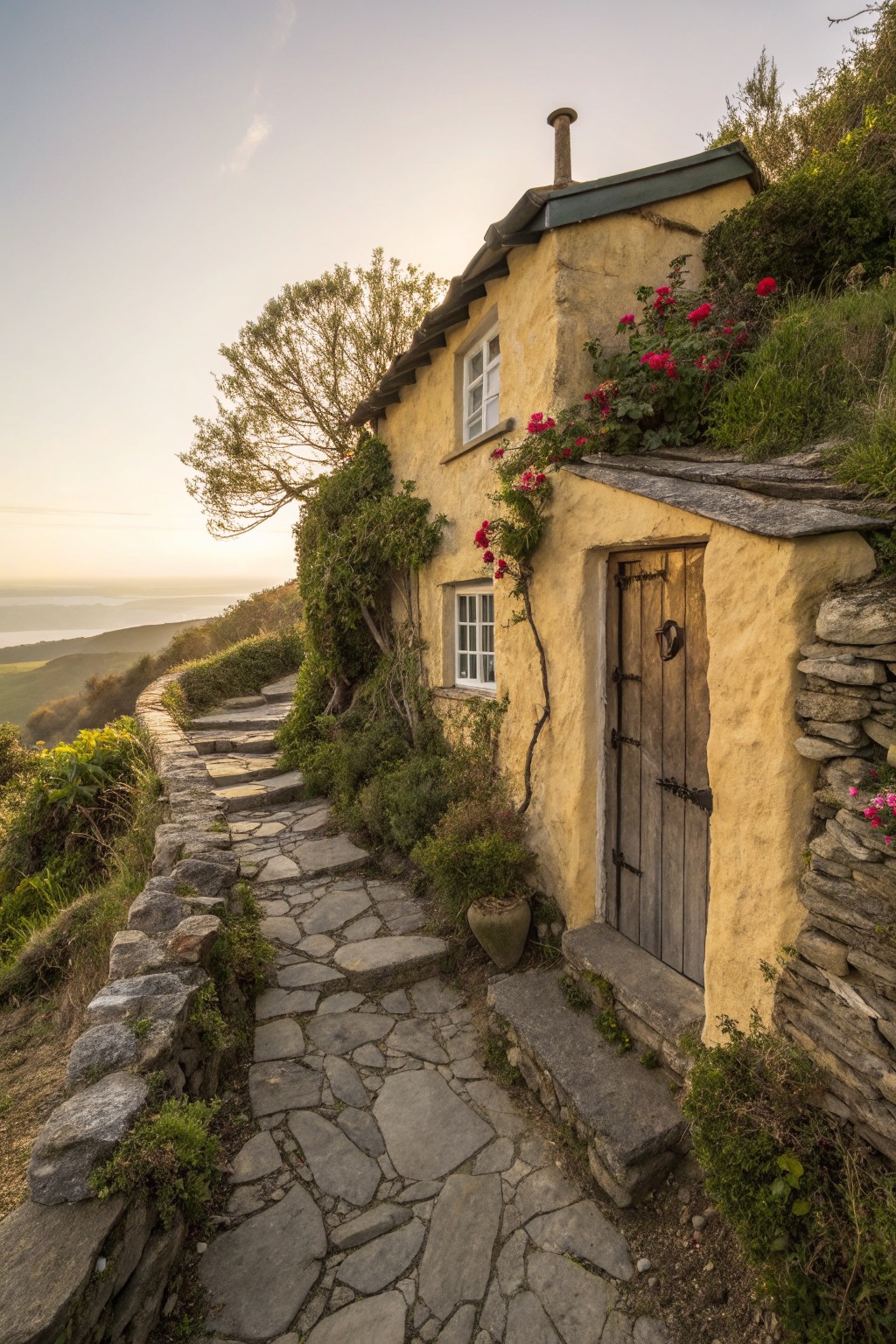 A small yellow-plastered cottage with stone base, wooden door, climbing pink roses, and a stone pathway leading uphill beside greenery and wildflowers, overlooking hills and sea at dusk.