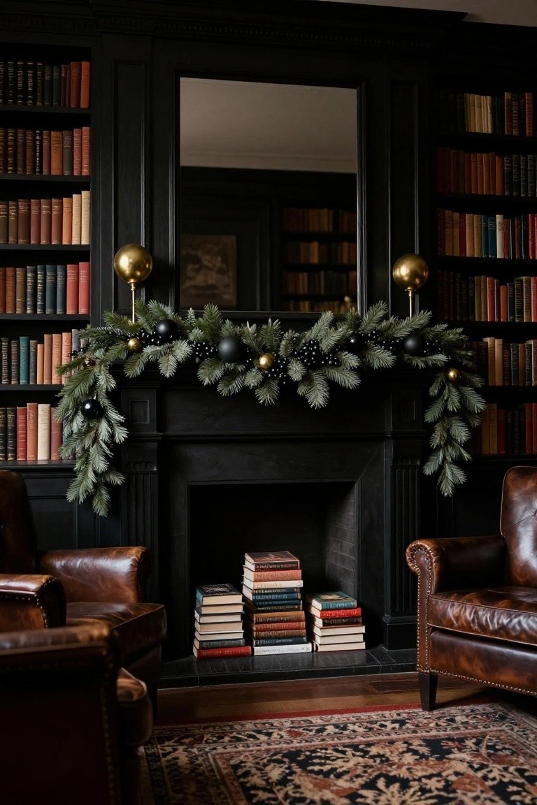 Dark wood-paneled library with tall bookshelves, large mirror above black fireplace mantel decorated with green garland, black berries, gold and black ornaments, leather armchairs, and stacked books on hearth.