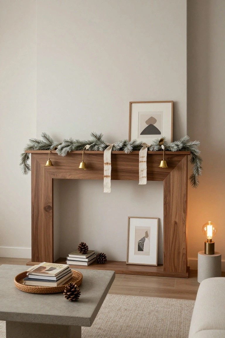 Wooden fireplace mantel decorated with blue-tinted evergreen garland, gold bells, beige ribbons, abstract framed prints, pinecones, stacked books on shelves, a lit brass lamp on a concrete base, and a woven tray with books on a concrete coffee table in a beige living room.