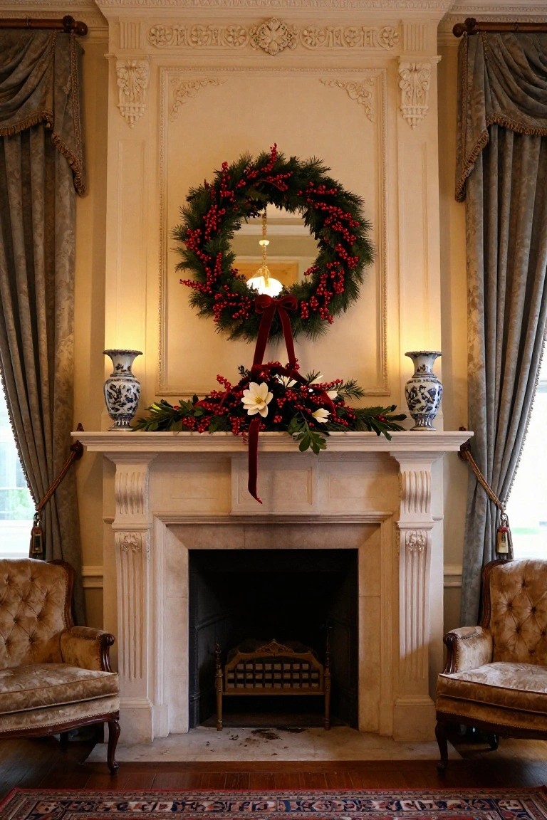 Stone fireplace mantel in a formal room decorated with evergreen garland, red berries, white flowers, and red ribbon, flanked by blue and white vases, with a large berry wreath above a mirror and armchairs nearby.