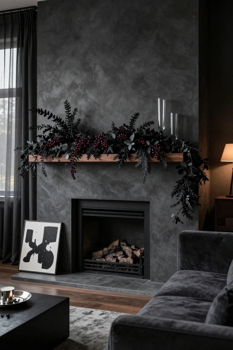 A living room fireplace with textured dark gray walls, a wooden mantel shelf decorated with black foliage garland and red berry clusters, gas logs burning inside, gray velvet sofa, and black coffee table on wood floors.