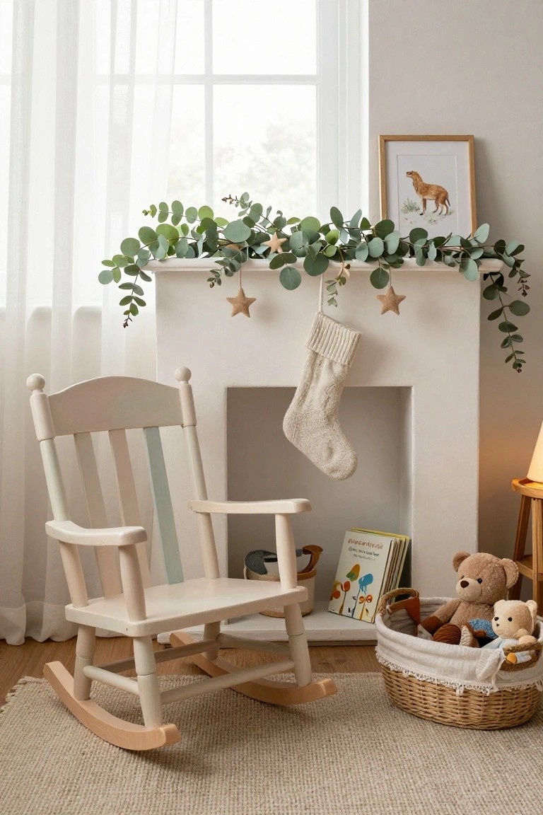 White faux fireplace mantel topped with green eucalyptus garland and hanging fabric stars, a white knit stocking hanging from the side, wooden rocking chair and toys nearby in a light nursery room.
