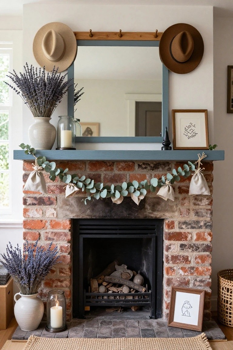 Brick fireplace mantel with green eucalyptus garland draped across and tied muslin sacks hanging from it, lavender stems in vases on sides, candles nearby, and two hats on wooden hooks beside a blue-framed mirror.