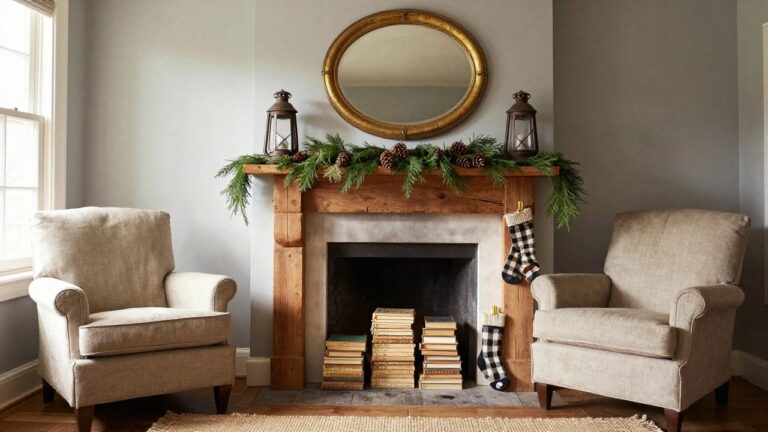 Rustic wood mantel over a stone fireplace decorated with evergreen garland, pinecones, dried orange slices, and black checkered stockings, with metal lanterns and a gold-framed mirror on the wall above.