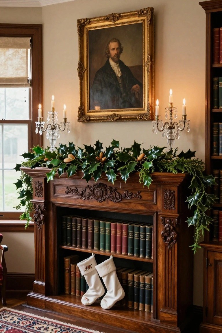Ornate wooden fireplace mantel with built-in bookshelves filled with books, decorated with lush green holly garland, orange chestnuts, white embroidered stockings, flanked by crystal candelabras and a gold-framed portrait above.