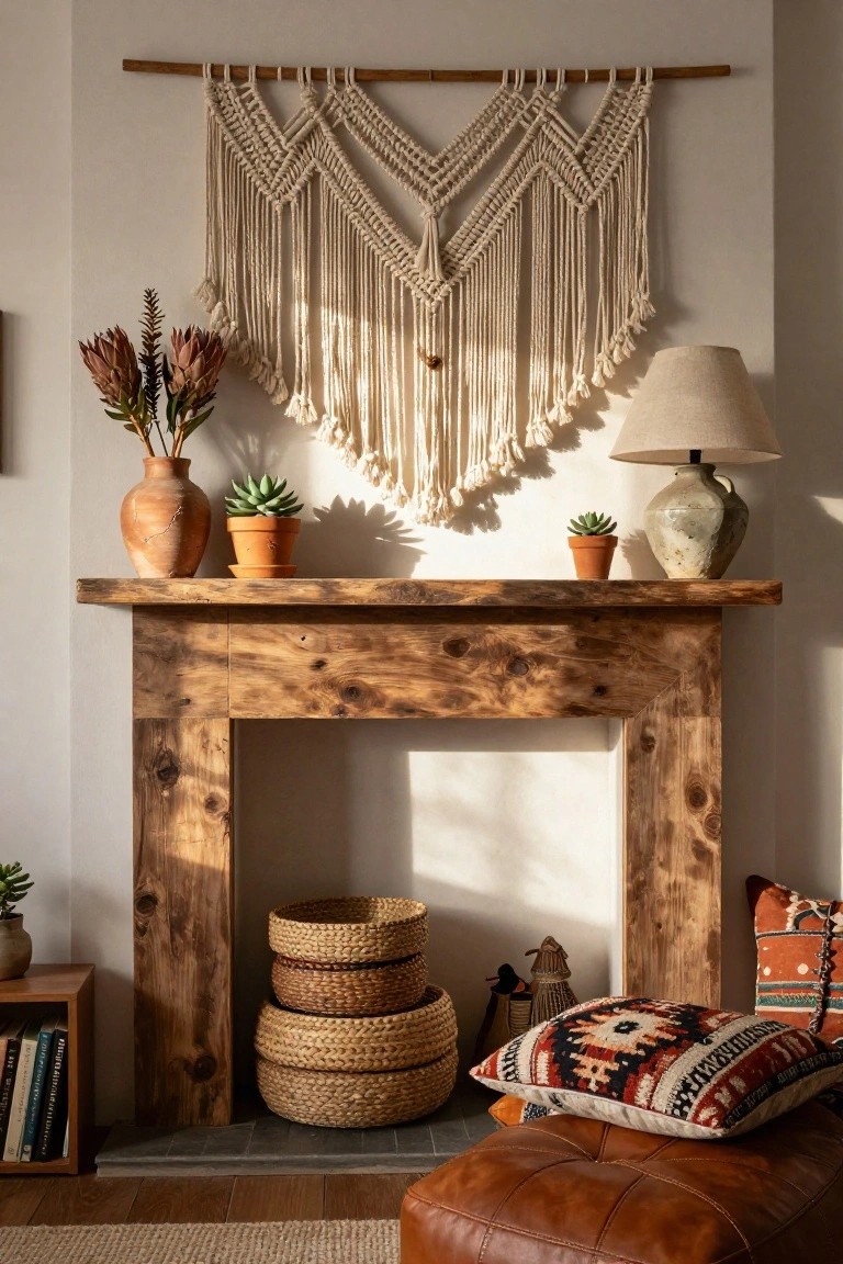 Wooden fireplace mantel shelf holding terracotta pots with succulents, protea flowers, and other plants, large white macrame wall hanging above, stacked woven baskets on the hearth below, leather ottoman with patterned pillows nearby.