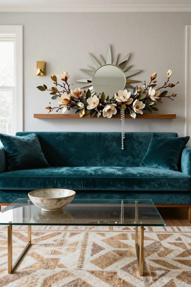 Teal velvet sofa in a light gray living room with a wooden shelf above holding a garland of white and peach magnolia flowers, gold branches, and dangling pearl strands, plus a glass coffee table holding a white bowl.