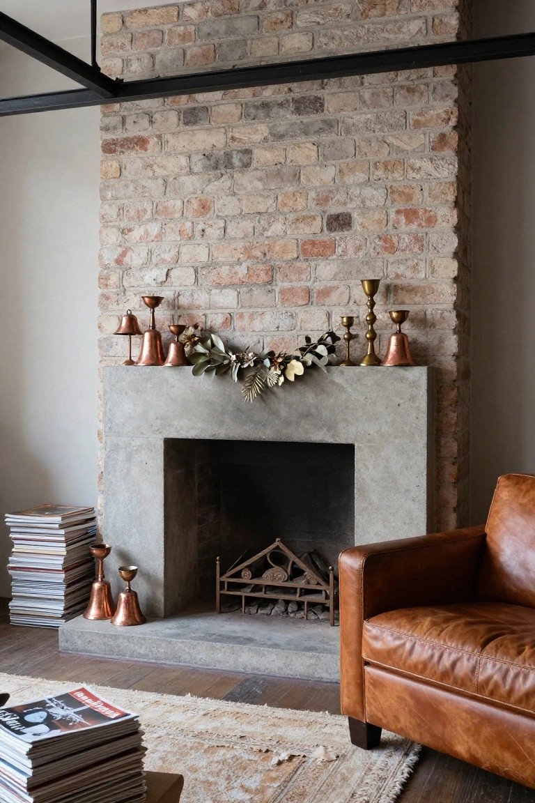Concrete fireplace mantel with textured garland of greenery, white dried flowers, and copper bells and candlesticks on a brick wall, leather armchair and stacked magazines nearby.