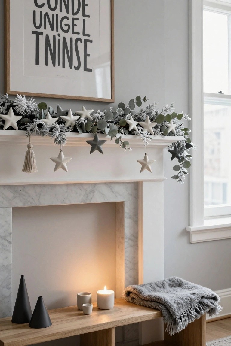 Marble fireplace mantel decorated with white and gray star garland, eucalyptus branches, hanging star ornaments, black conical vases, beige candles, and a gray fringed throw on a wooden bench, with neutral framed art above.