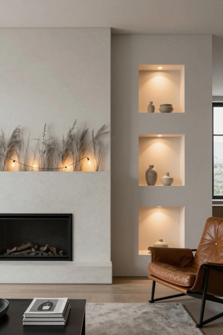 Modern living room with white stone fireplace mantel decorated by draped beige pampas grass and string lights, three illuminated wall niches holding ceramic vases and bowls, tan leather armchair, black coffee table with stacked magazines, and light gray rug on wood floor.