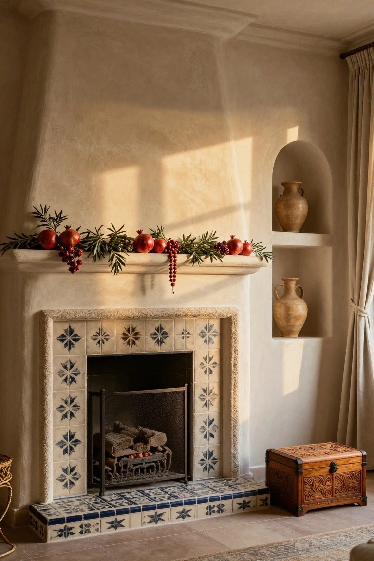 Beige stucco fireplace with blue star-patterned tile surround and hearth, mantle holding garland of pomegranates, berries, and olive leaves, wall niches with terracotta pots, carved wooden chest on floor.