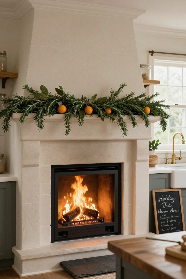Stone fireplace mantel with a garland of rosemary branches, oranges, and bay leaves draped across the top, fire burning inside, green cabinets and kitchen island in the background.