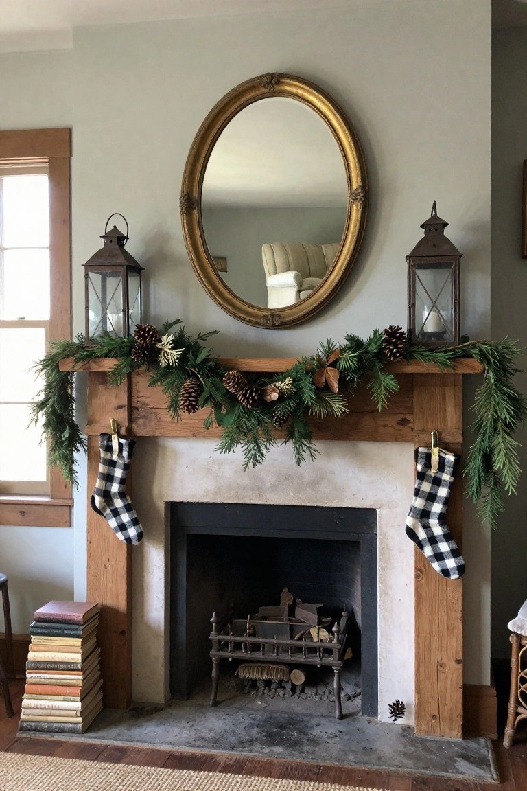 Rustic wood mantel over a stone fireplace decorated with evergreen garland, pinecones, dried orange slices, and black checkered stockings, with metal lanterns and a gold-framed mirror on the wall above.