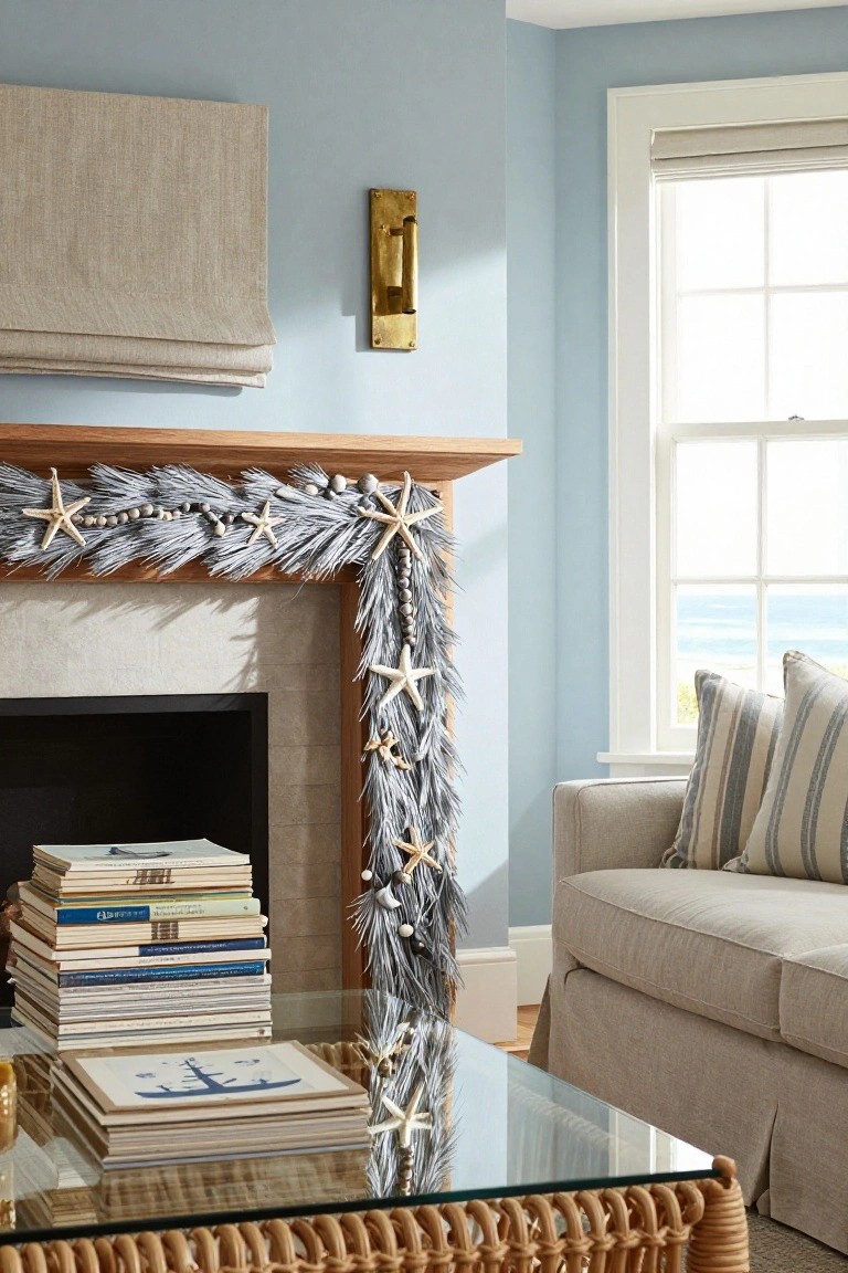 Living room with pale blue walls, wooden fireplace mantel decorated with gray seagrass garland, starfish, and beads, beige slipcovered sofa, glass-topped rattan coffee table with books and anchor print, and window overlooking the ocean.