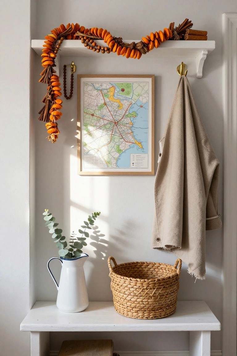 White floating shelf with orange dried-slice garland, wooden beads, and cinnamon sticks draped over it above a framed map on a white wall, beige coat hanging from gold hook, blue-and-white jug of eucalyptus and woven basket on white bench below.