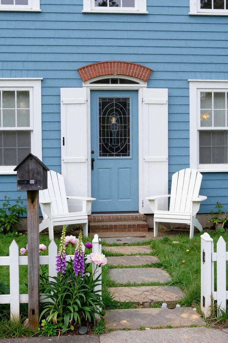 Blue clapboard house exterior with white shutters on the windows, a blue front door with stained glass window and red brick arch above, two white Adirondack chairs flanking the entry steps, stone walkway through flower garden, and white picket fence.