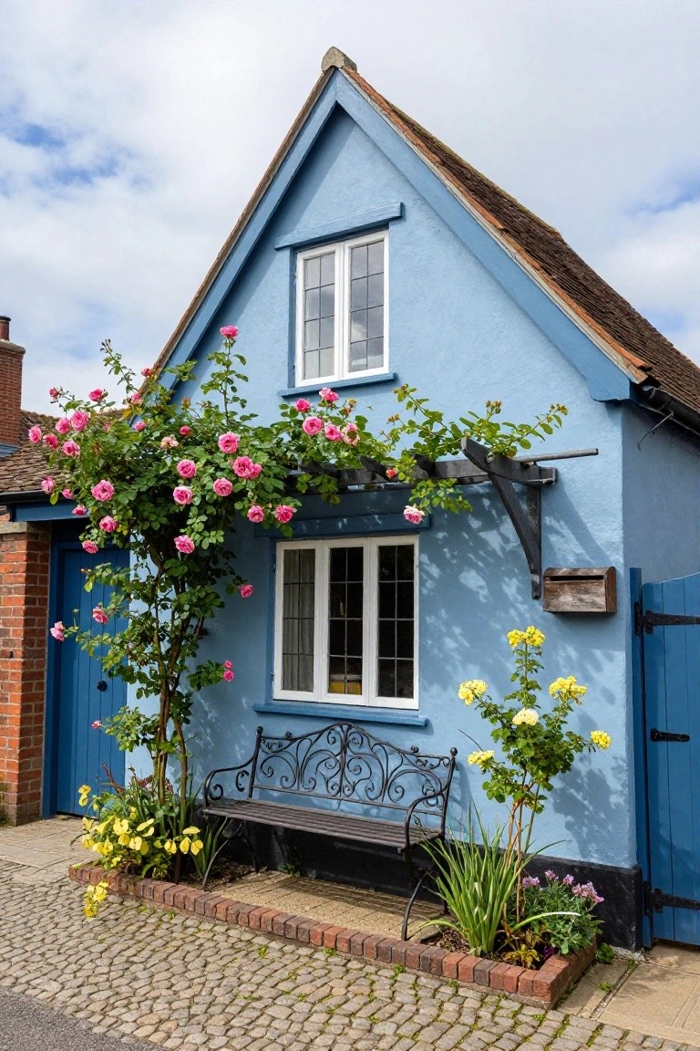 Light blue traditional cottage house with pink climbing roses on a metal trellis beside the front window, yellow flowers in brick-edged beds, a black wrought-iron bench, and a blue wooden gate next to a brick garage on a cobblestone path.