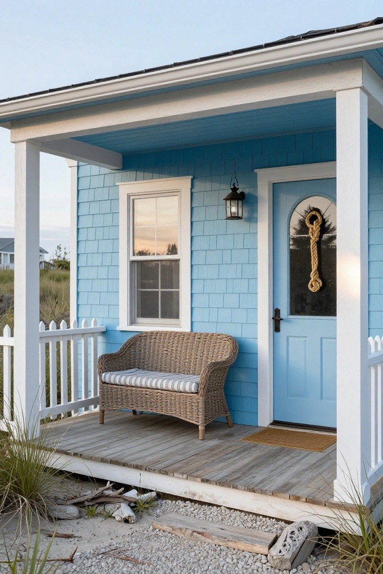 Blue shingled cottage exterior with covered front porch, white posts and railing, wicker loveseat, blue door with rope wreath, lantern light, and beach grass nearby.