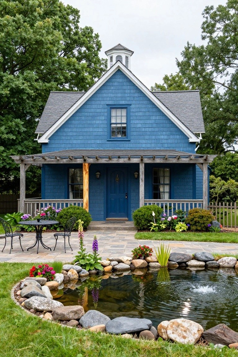 A two-story blue shingled house with white trim, gabled roof, cupola, and pergola-covered front porch, flanked by landscaping, furniture, flowers, and a foreground rock-lined pond with fountain.