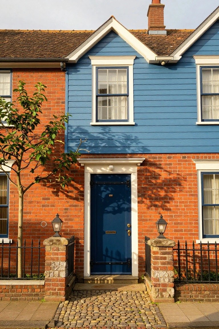 Two-story house with red brick lower walls, light blue horizontal clapboard siding on upper story, white trim around windows and door, dark blue front door flanked by brick pillars with lanterns, small tree nearby, and cobblestone path leading to entry.