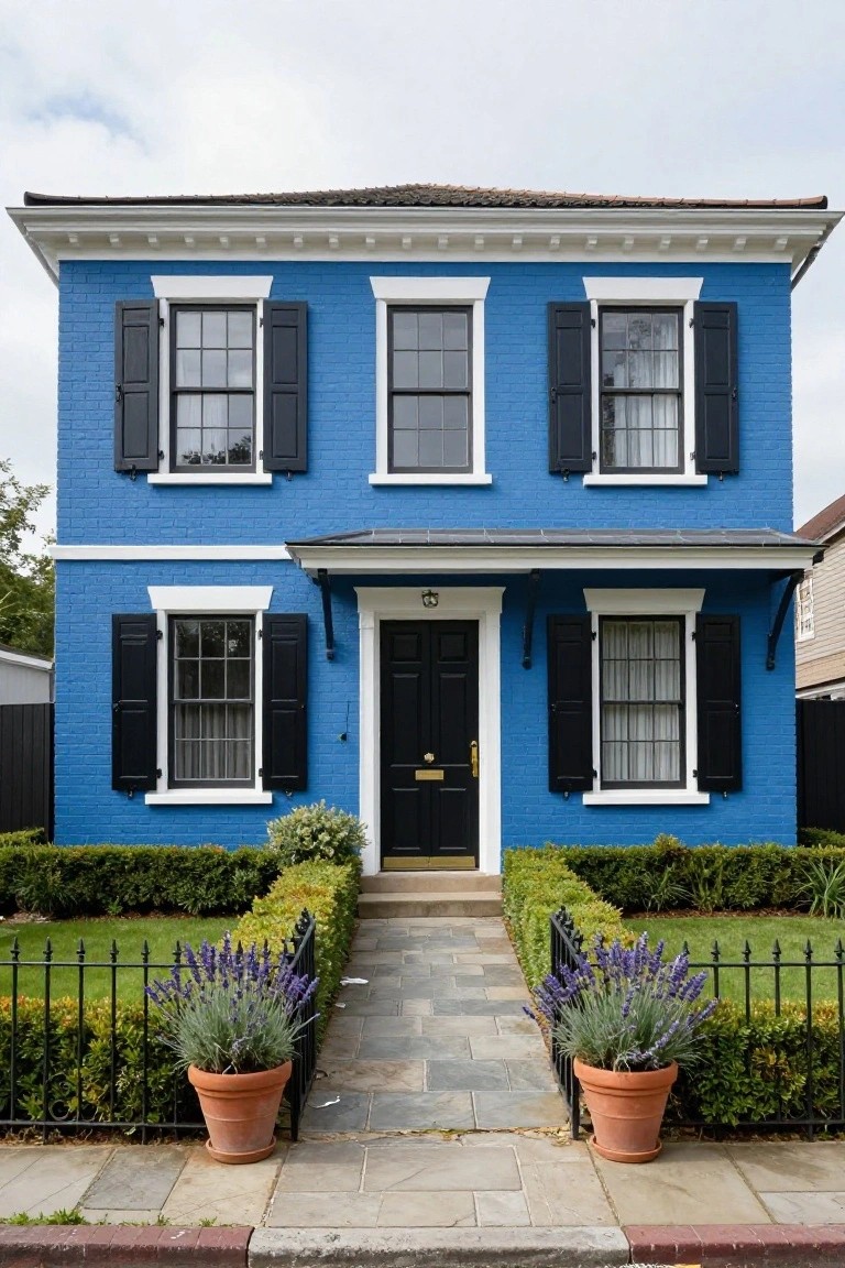 Two-story blue brick house with black shutters, white trim, black front door, black iron fence, boxwood hedges, and lavender plants in terracotta pots along the stone entry path.