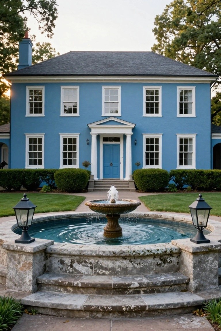 Two-story blue colonial house with white trim, multi-pane windows, central pedimented entry with blue door and columns, stone fountain on circular base with lanterns in foreground, hedges and lawn on sides.
