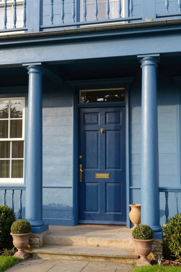 Blue painted clapboard house exterior featuring two tall white fluted columns supporting a porch roof over a dark blue paneled front door with brass hardware, flanked by windows and terracotta pots with topiary plants on stone steps.