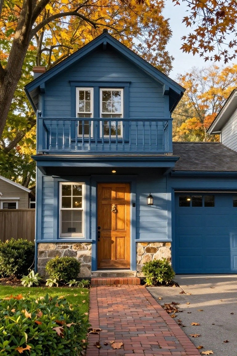 Two-story navy blue clapboard house with white-trimmed windows, second-story balcony, wooden front door, stone foundation, blue garage door, brick walkway, shrubs, and surrounding autumn trees and leaves.