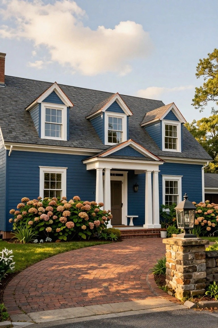 Two-story navy blue clapboard house with gabled dormers, white trim, columned front porch with pediment, large hydrangea plantings, brick pathway, and stone pillar at the entrance.