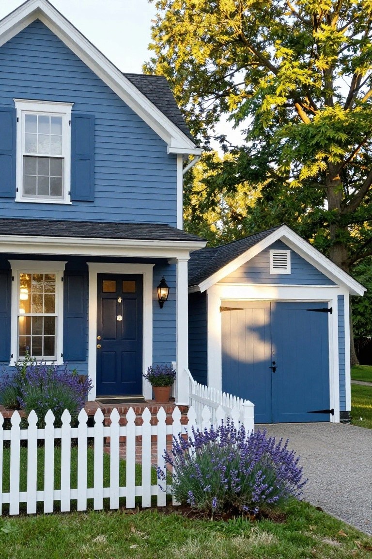 A two-story house painted deep blue with white trim, featuring clapboard siding, a covered front porch with navy door and lanterns, an attached gabled garage with blue double doors, white picket fence, lavender plants, and trees nearby.