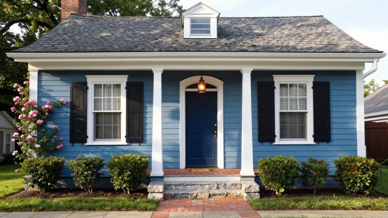 Blue clapboard house with white trim and gabled roof, featuring a covered porch supported by white columns covered in pink climbing roses, navy front door with brass lantern, black shutters on windows, boxwood shrubs, brick walkway, and stone steps.