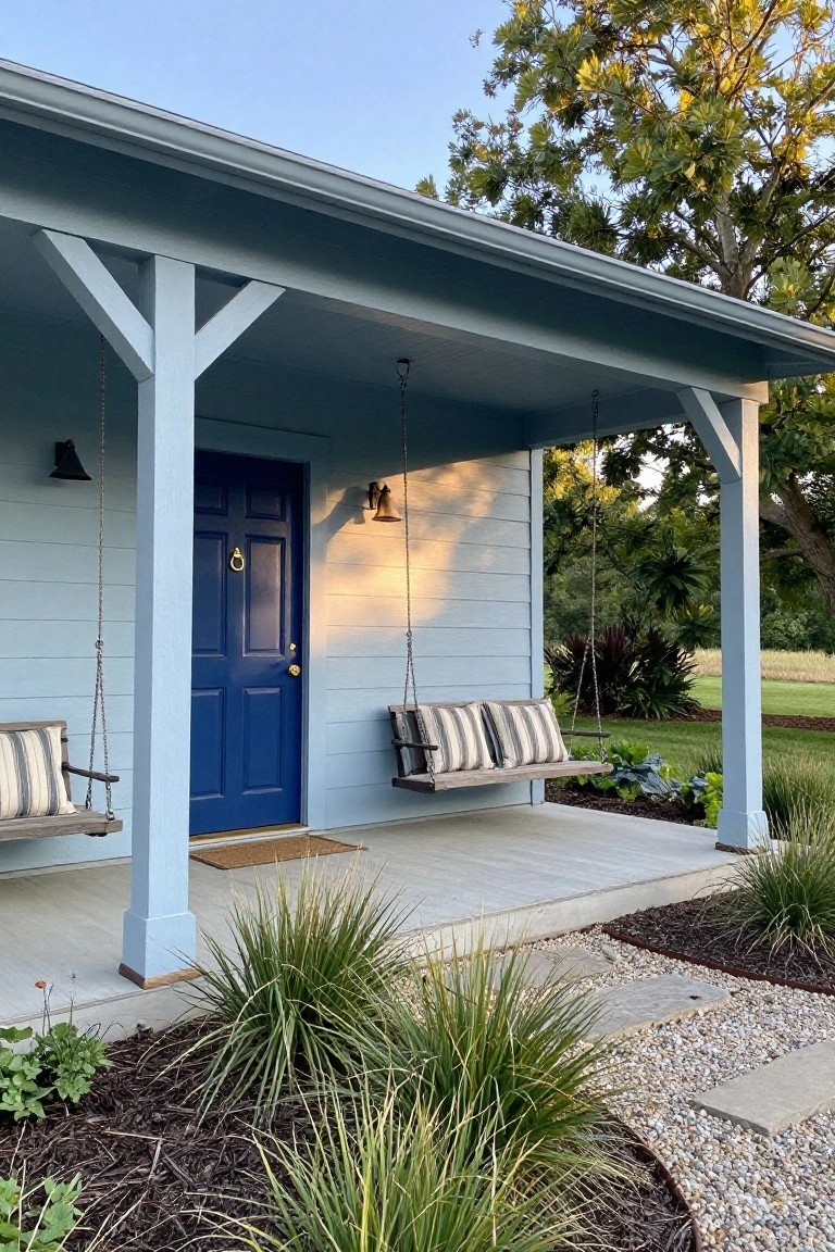 Light blue clapboard house exterior featuring a centered navy blue six-panel front door, covered porch with white posts and beams supporting two hanging wooden swings with beige and white striped cushions, lantern lights, and low landscaping with grasses and plants along the concrete porch and gravel path.