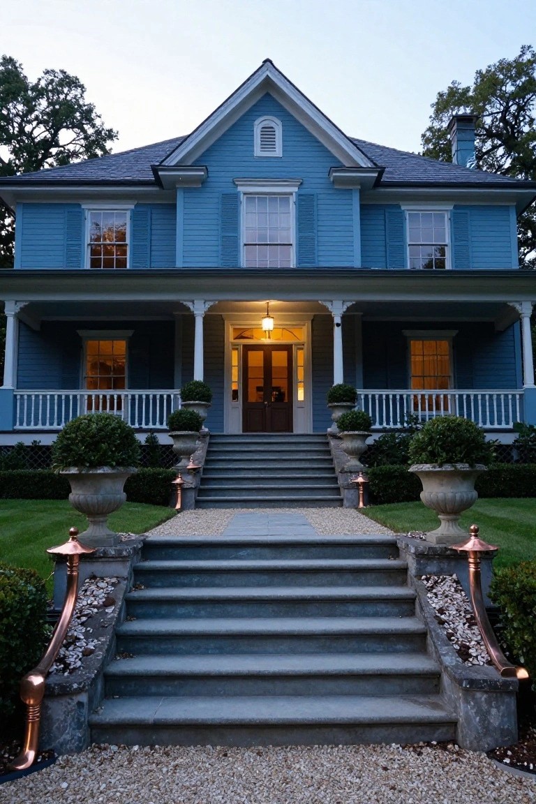A two-story blue clapboard house with white trim and a gabled roof, featuring a covered front porch with columns, double entry doors, wide gray stone steps flanked by copper lanterns and large urns planted with boxwood topiaries, set against a manicured lawn and gravel path.
