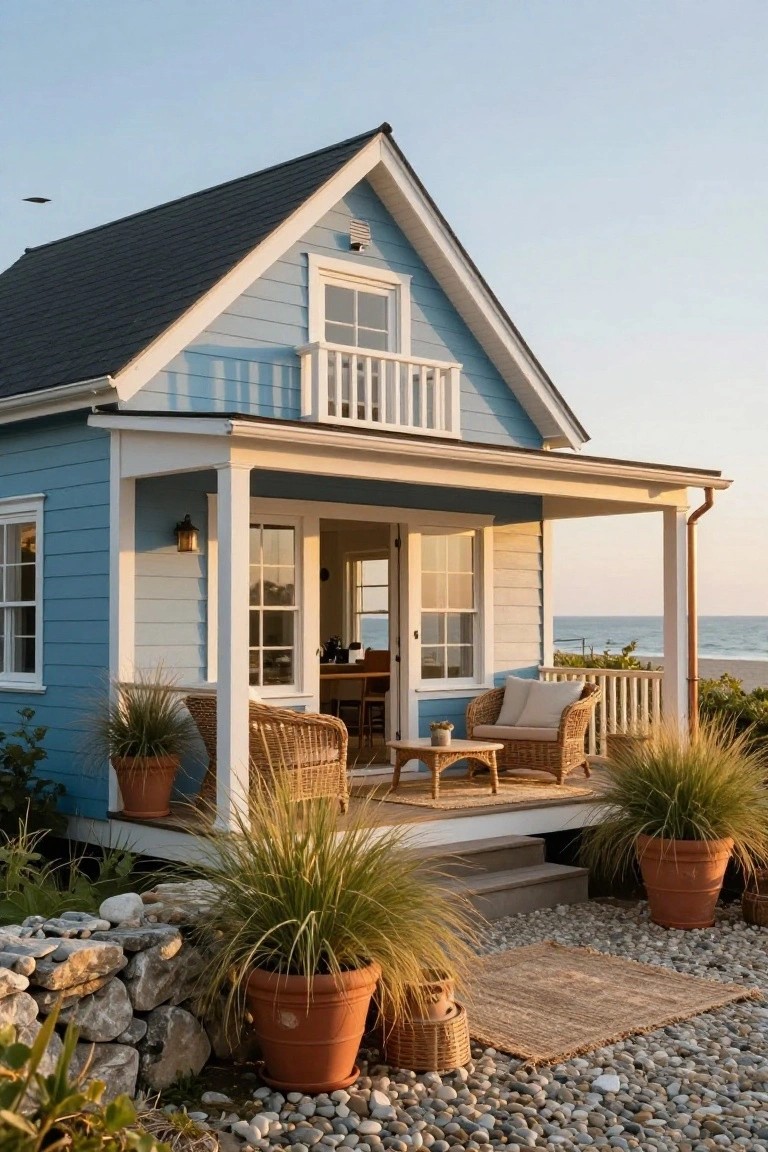 Light blue clapboard house with white trim, gabled black roof, covered porch with wicker chairs and table, potted grasses, stone wall, gravel path, and beach view in evening light.
