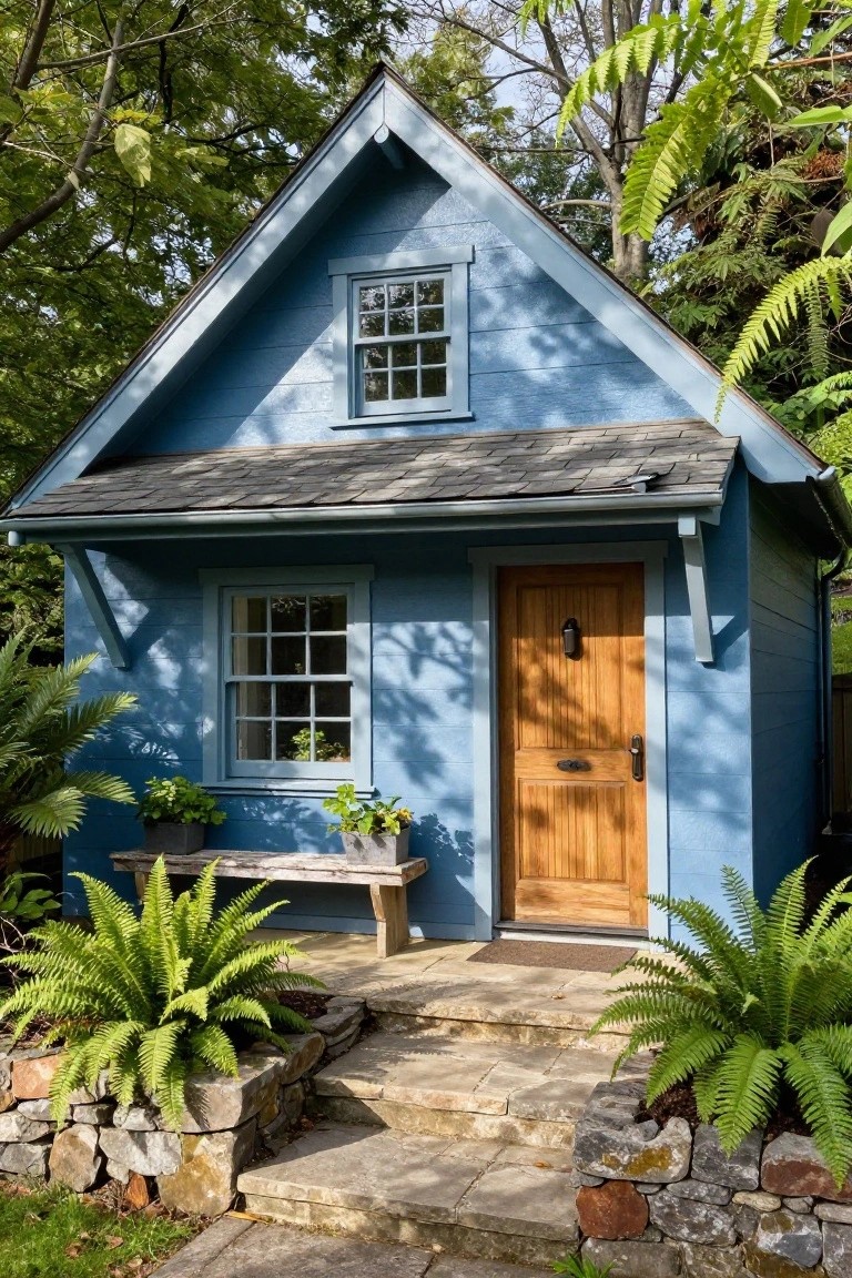Small blue clapboard shed with gabled gray shingle roof, white-framed double-hung windows, paneled wooden front door with handle, wooden bench and plants nearby, stone steps and retaining wall with ferns.