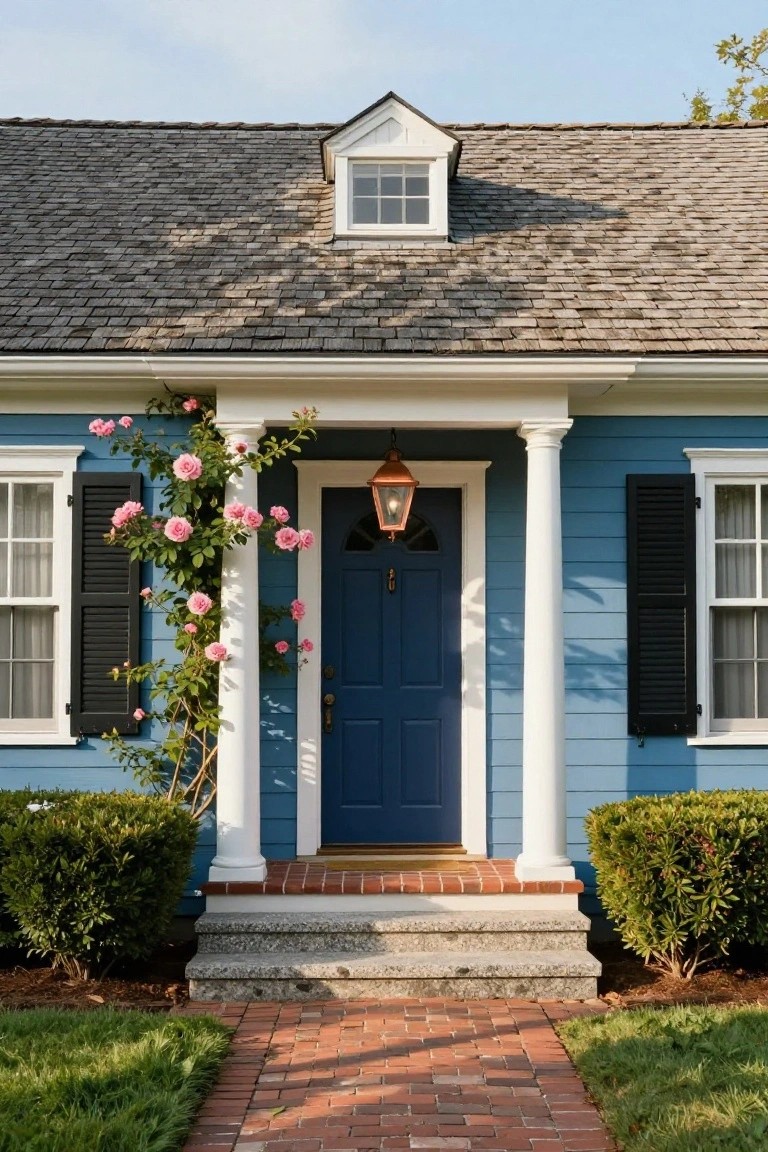 Blue clapboard house with white trim and gabled roof, featuring a covered porch supported by white columns covered in pink climbing roses, navy front door with brass lantern, black shutters on windows, boxwood shrubs, brick walkway, and stone steps.