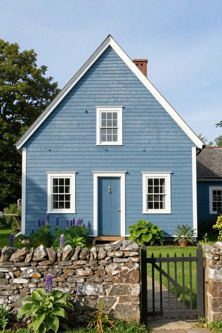 Blue clapboard house with white trim and gabled roof, blue front door flanked by multipaned windows, lilac flowers and hosta plants in front of a stone wall with black metal gate.