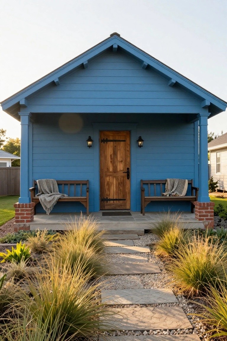 Small blue board-and-batten house with gabled roof and covered porch, wooden benches draped with gray blankets flanking a dark wood door with strap hinges, lanterns on posts, and stone path edged by tall grasses.