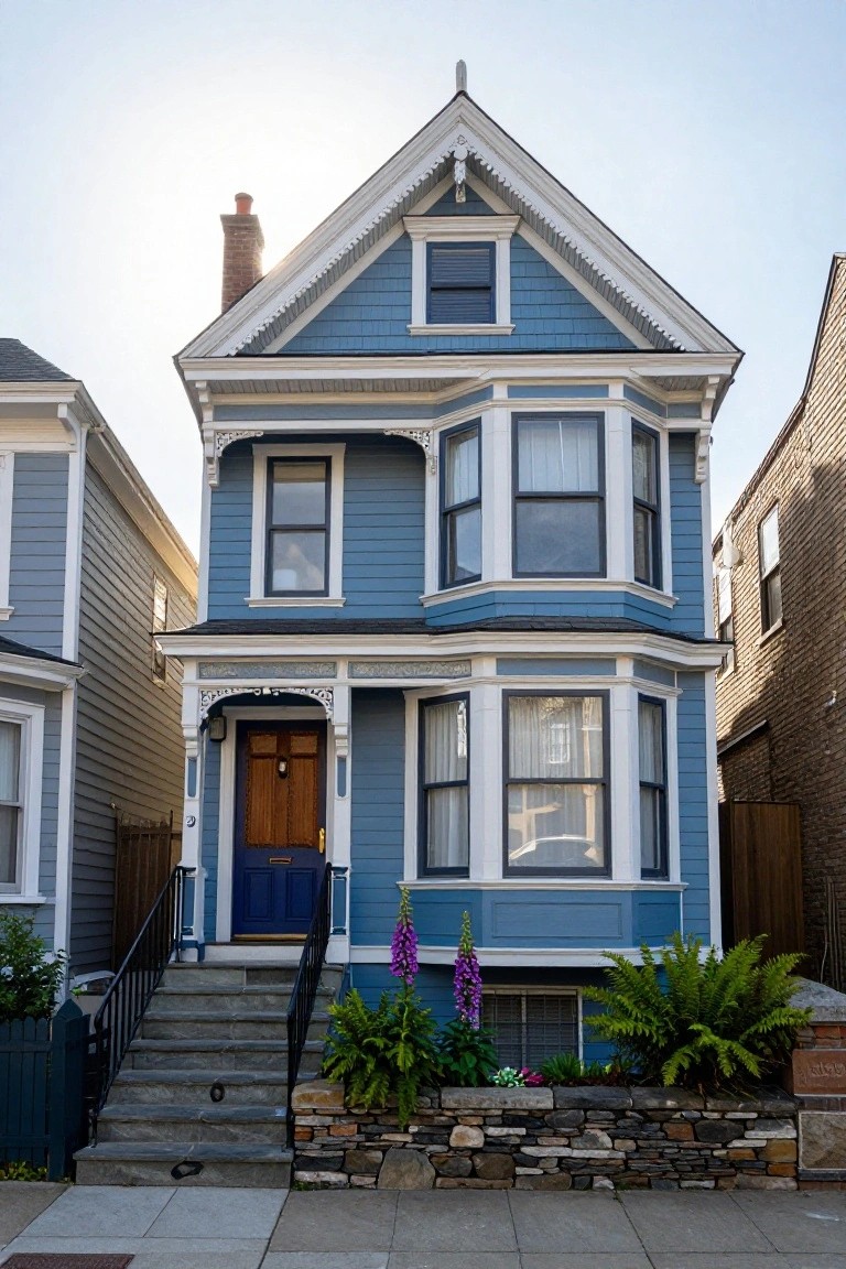 A two-story blue Victorian house with white trim, bay windows, dark blue front door, concrete steps, black railing, stone retaining wall, and plants including foxgloves and ferns in the front yard.