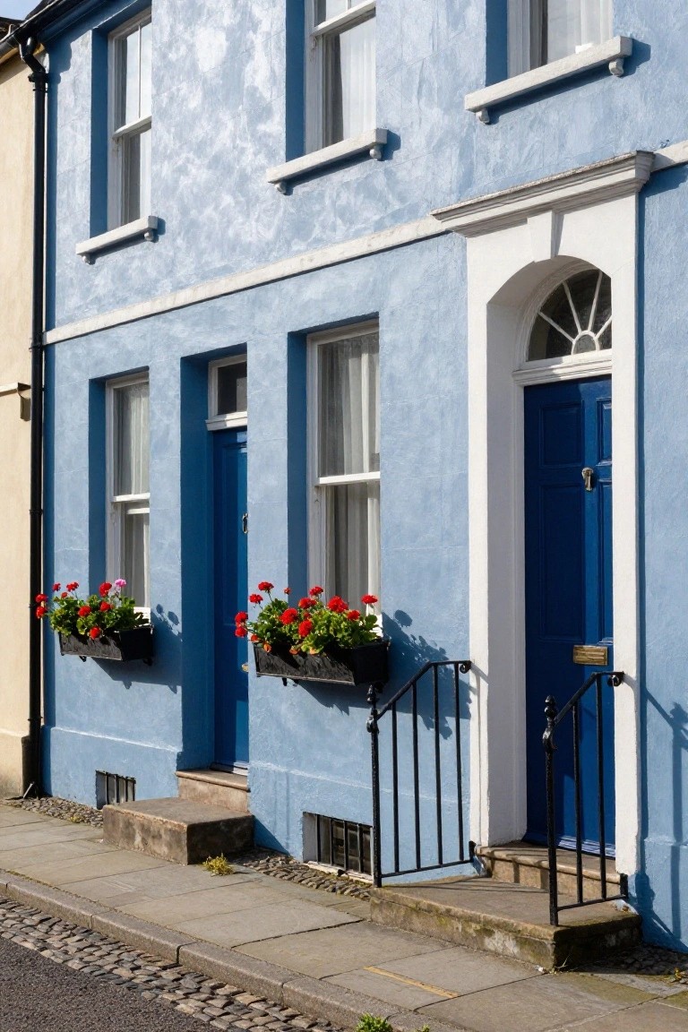 Blue painted terraced house exterior with white trim, two blue front doors, black wrought iron railings, and red geranium window boxes on a cobblestone street.