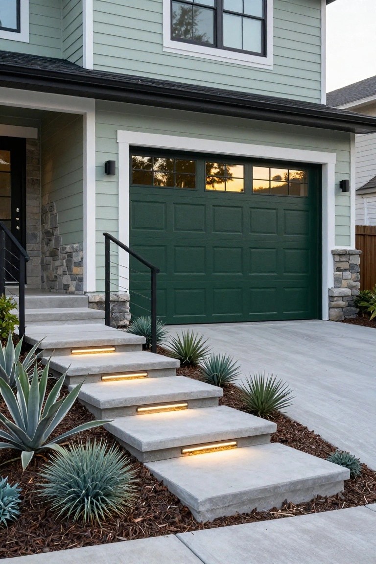 Light green house exterior featuring dark green double garage door, black trim, concrete entry steps with underlit LED strips flanked by agave plants and mulch beds, concrete driveway in foreground.