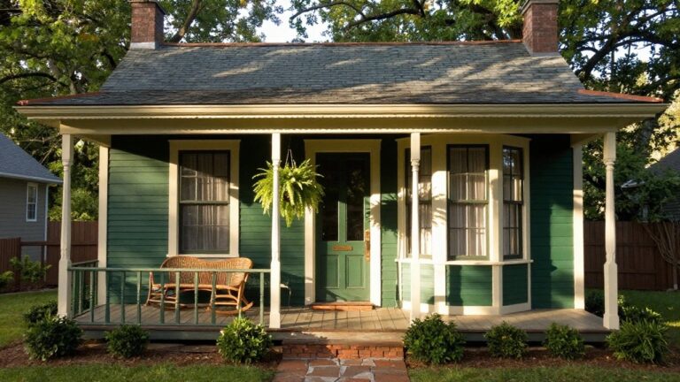 Front exterior of a one-story green clapboard bungalow with gray shingle roof, white trim, bay window, wooden front door, wicker rocking chair on porch, hanging plant, boxwood shrubs, brick edging, and stone pathway.