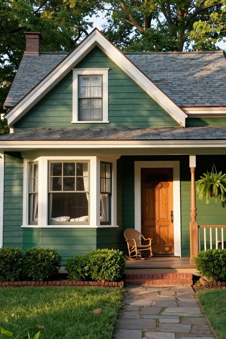 Front exterior of a one-story green clapboard bungalow with gray shingle roof, white trim, bay window, wooden front door, wicker rocking chair on porch, hanging plant, boxwood shrubs, brick edging, and stone pathway.